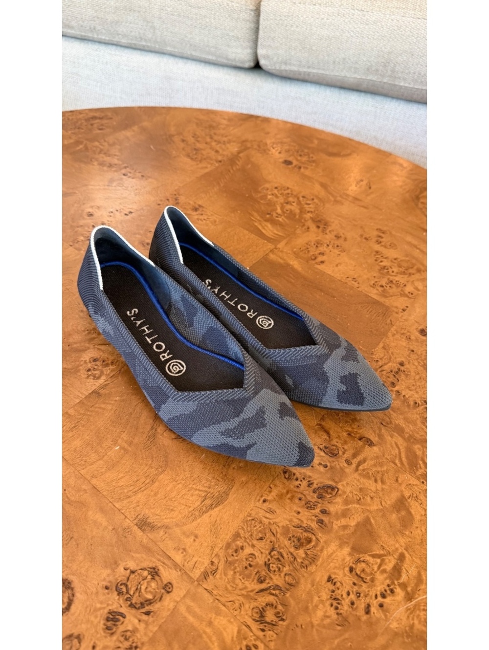 Rothy's Women's Pointed Toe Flats in Blue Camo Knit, Size 7.5